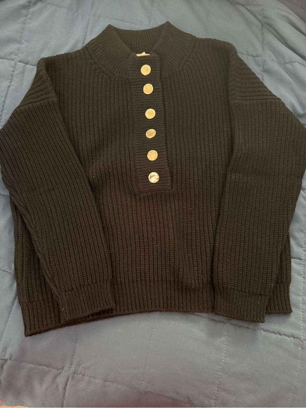 Sezane women's Black Ribbed Knit Sweater with Button Placket
